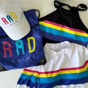 NEW Rad Swim XS Rash Guard, Tankini Top, Baseball Cap + Bag Retro Rainbow Stripe
